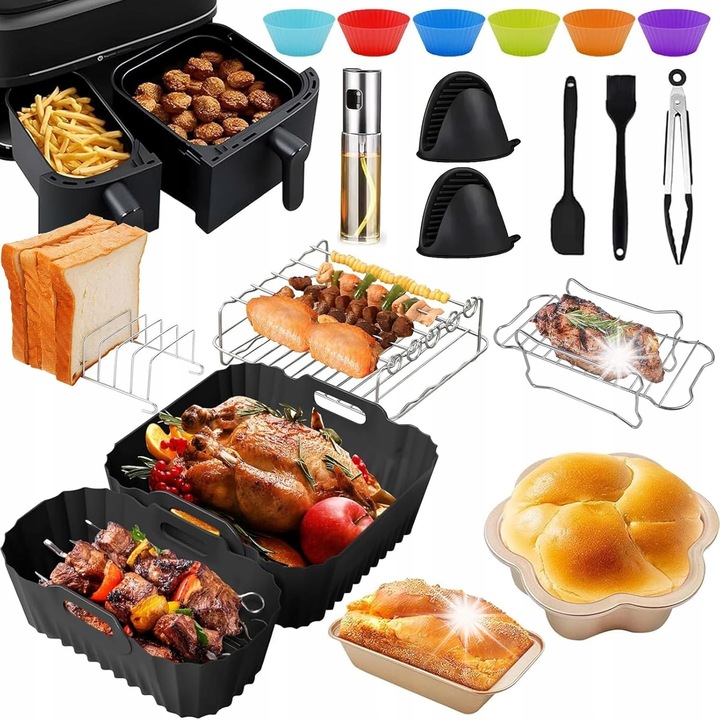 Комплект аксесоари за фритюрник Philips Airfryer 3000/5000, 19 части, черен, инокс и силикон без BPA, капацитет 9 л