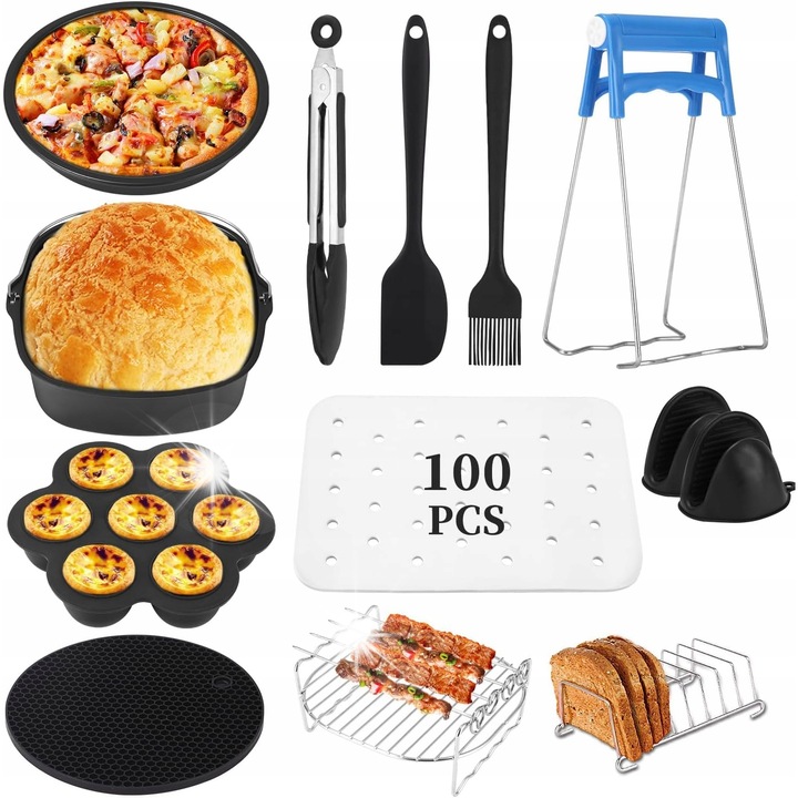 Set 13 accesorii pentru friteuza cu aer, negru, materiale sigure pentru alimente, compatibilitate universala