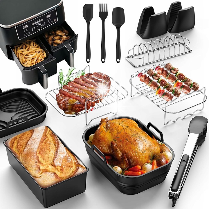 Set accesorii pentru friteuza Ninja Foodi 9,5L, silicon si otel inoxidabil, negru, 20,5x22,5x13,5cm
