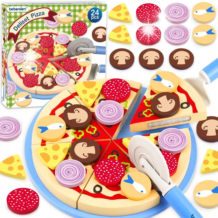 Jucarie interactiva copii, pizza din lemn, ideala pentru jocuri de rol