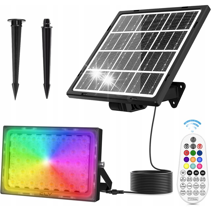 Reflector solar RGB LED cu telecomanda, 10 culori, 30 moduri dinamice, IP66, 5000 mAh