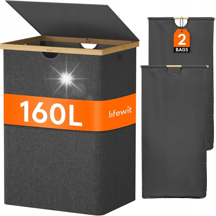 Cos de rufe, 160L, doua compartimente, capac, dimensiuni 53,5x40x74,5cm, material textil 300D, rama din bambus
