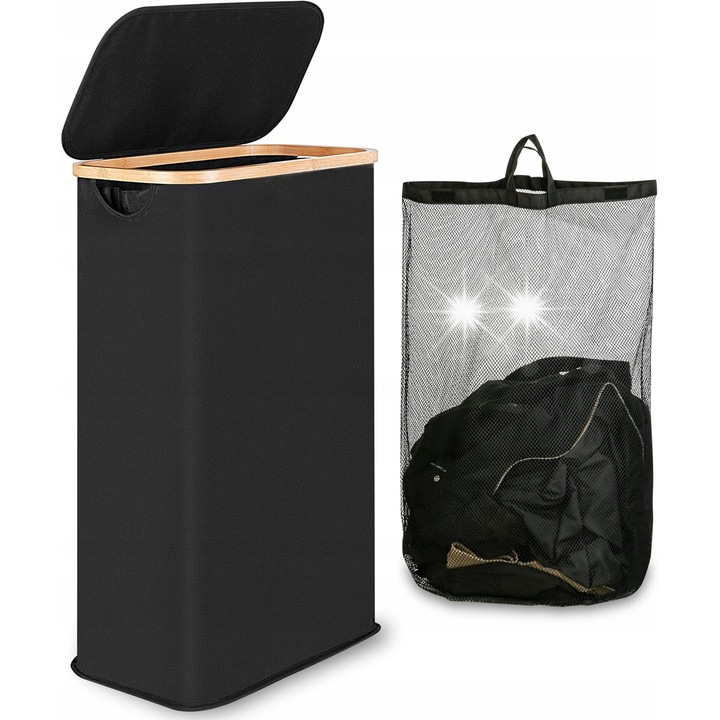 60 literes szennyes kosár, bambusz fedéllel és fogantyúkkal, mérete 41x23x66,5cm, lenvászon anyag, natúr