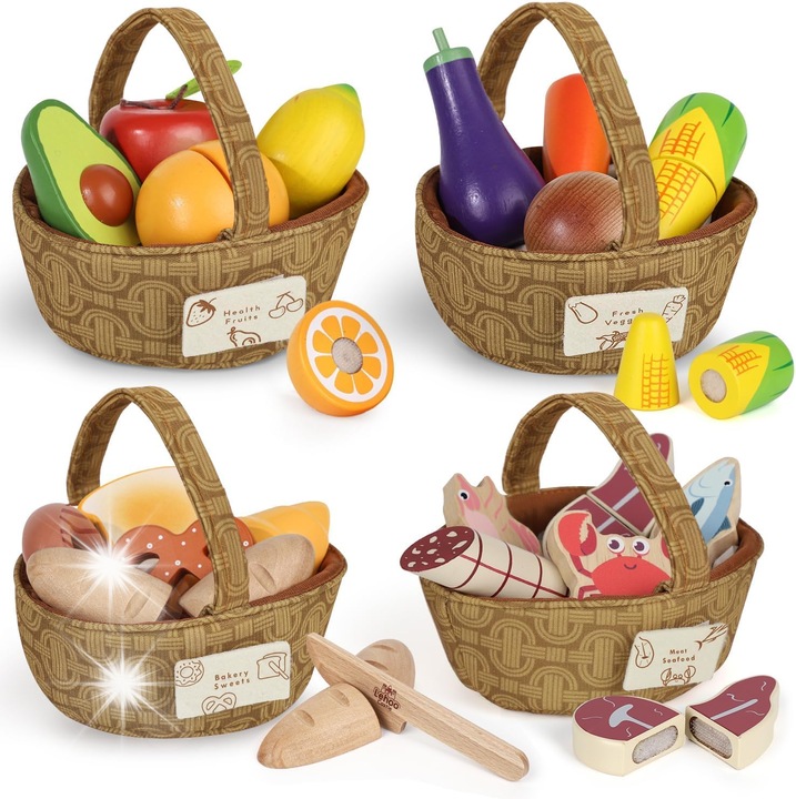 Set 4 cosuri cu alimente de jucarie, lemn, multicolor