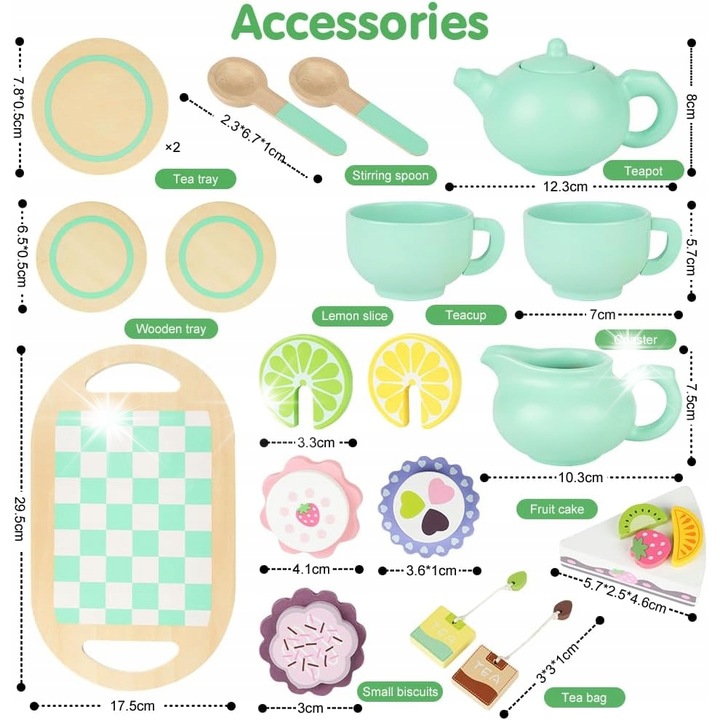 Set de ceai de joaca, lemn, complet, multicolor
