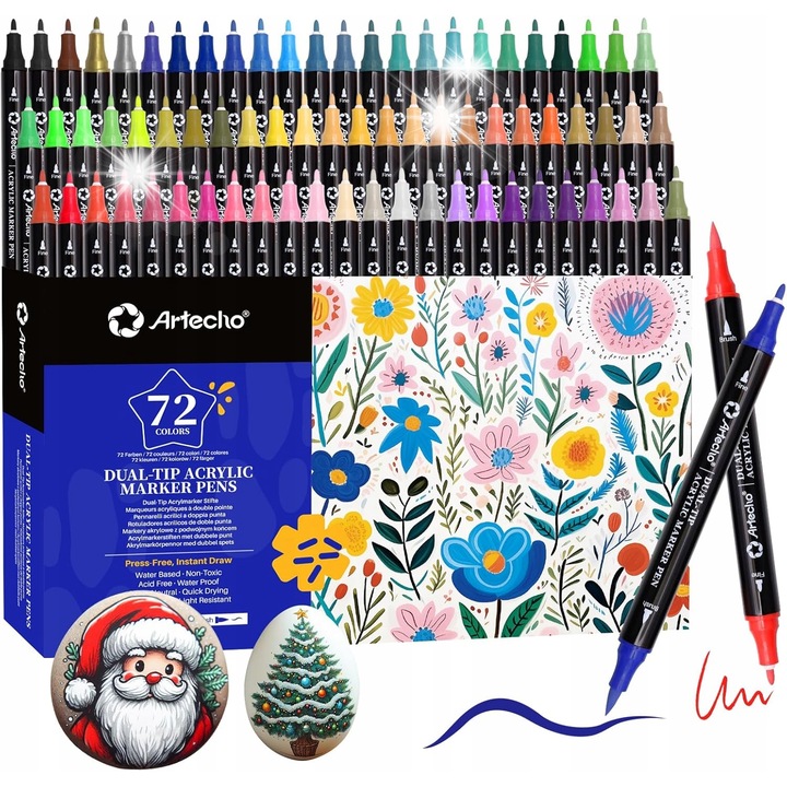 Set markere acrilice, artecho, 72 bucati, culori frumoase, varf dublu, rezistent la apa, pentru diverse suprafete