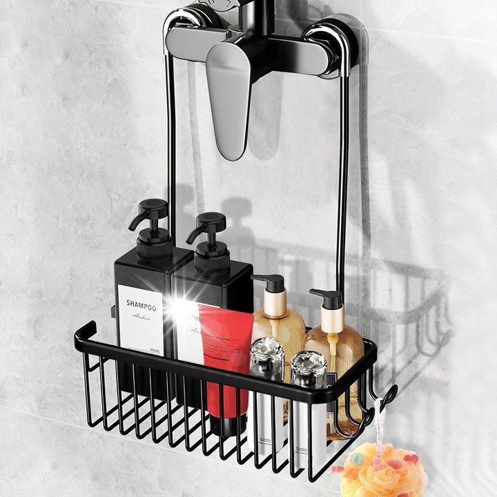 Raft de baie suspendat, negru, 31x12x38cm, design modern, din aluminiu