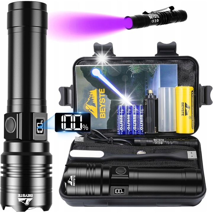 LED фенер 1000000 лумена, 5 режима на осветление, водоустойчив, комплект с мини UV фенер и USB лампа