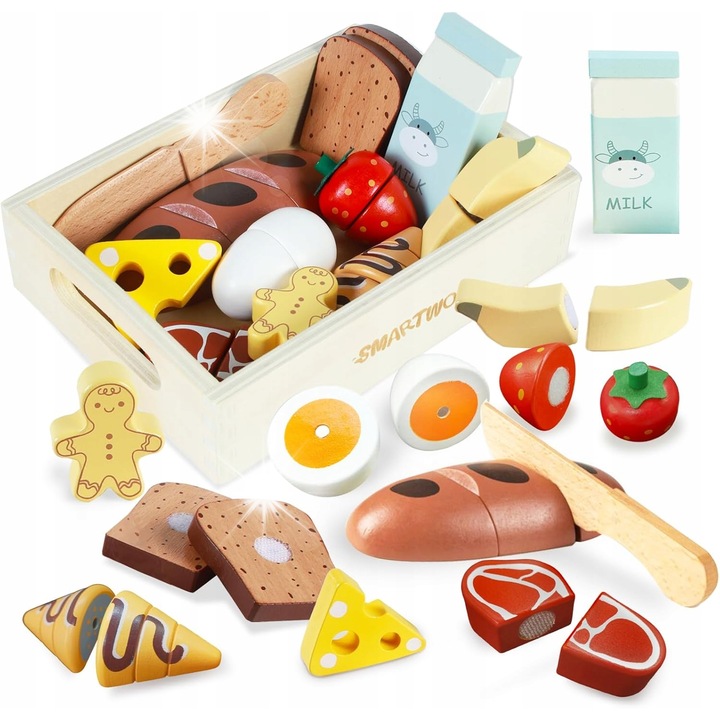 Fából készült főzőjátékkészlet, 12 részes, gyümölcsök, zöldségek, környezetbarát doboz, 2-5 év