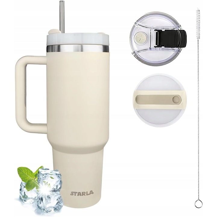 Cana termica 1200ml cu capac si suport, izolatie dubla, bej