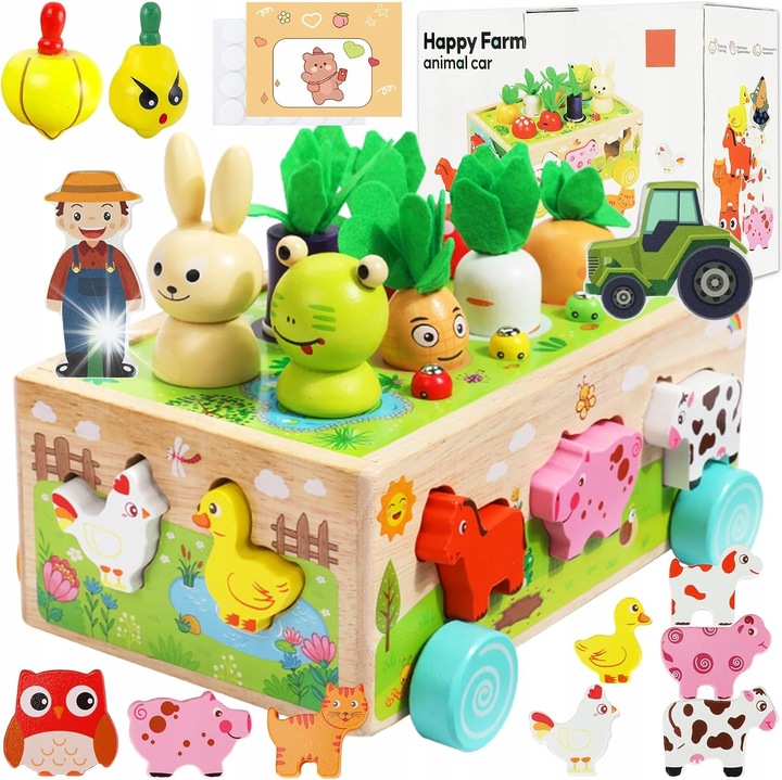 Set jucarii educationale din lemn, tema ferma, 6 legume, 6 omizi, 1 broasca, 1 iepure, 7 blocuri, 1-3 ani