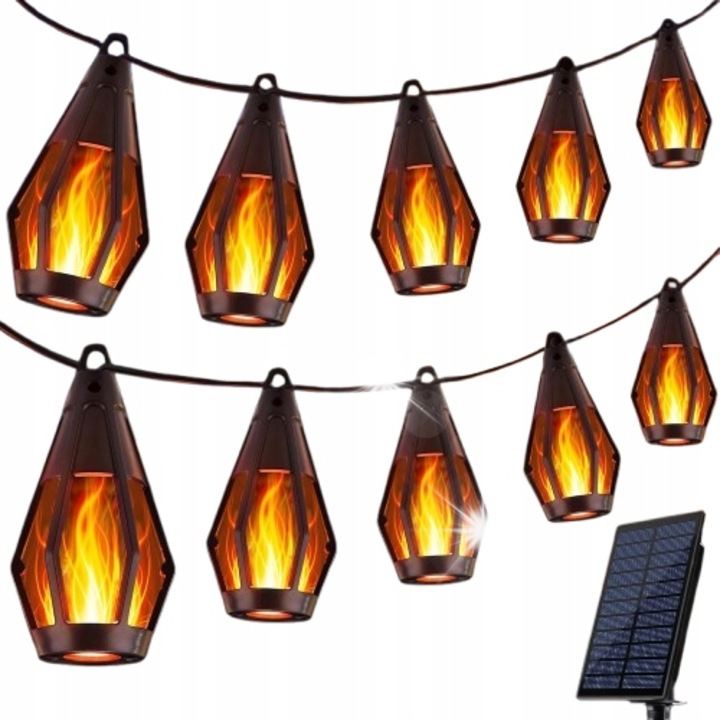 Lant de lumini solare LED, 15 becuri, efect flacara, 12,6m, alb cald, pentru exterior