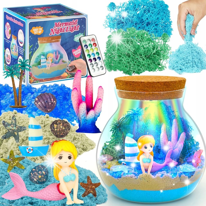 Set creativ terrarium cu sirena si iluminare LED, lampa de veghe pentru copii, 12 culori, 5 niveluri de luminozitate