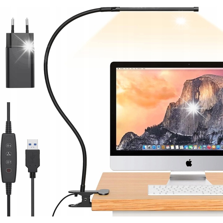 Lampa de birou cu clema iZELL, 77 LED-uri, 3 temperaturi de culoare, 10 niveluri de luminozitate, neagra, 32x12x8cm, set complet.