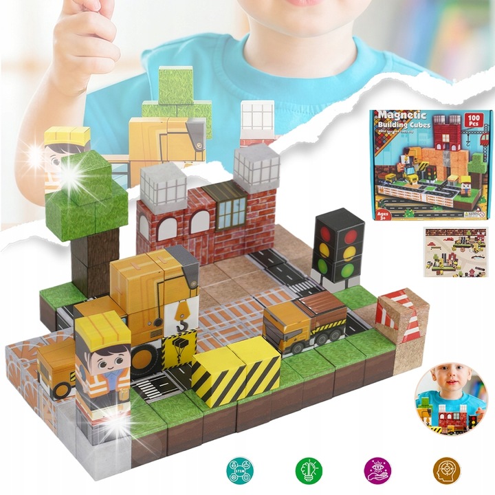 Set de constructie KLOCKI MAGNETYCZNE 100 bucati, mix de blocuri, STEM, Montessori