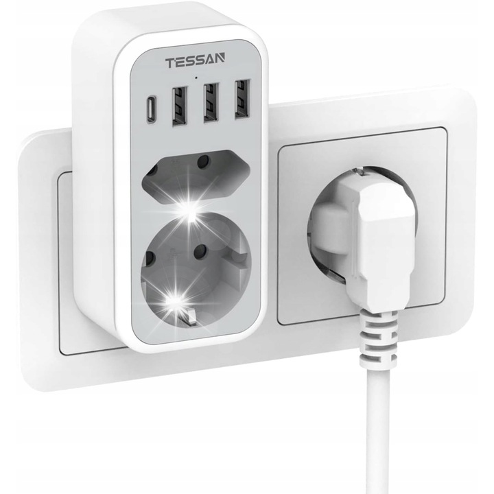 Разклонител TESSAN с 2 контакта и 4 USB порта, 16,1x5,5x7,8 см, бял