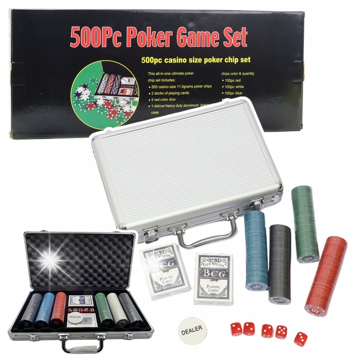 Set de poker 500 elemente, 2 talie de carti, 5 zaruri, valiza din aluminiu, multicolor, 57x24x7cm