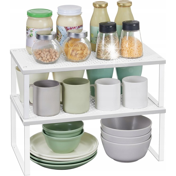 Set organizator condimente, 2 polite metalice, alb, configurabil