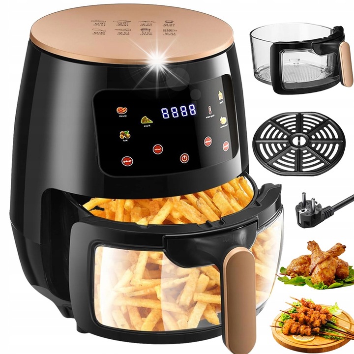 Olaj nélküli fritőz 6L, 5 sütési mód, fekete, méretek 22x22x31cm