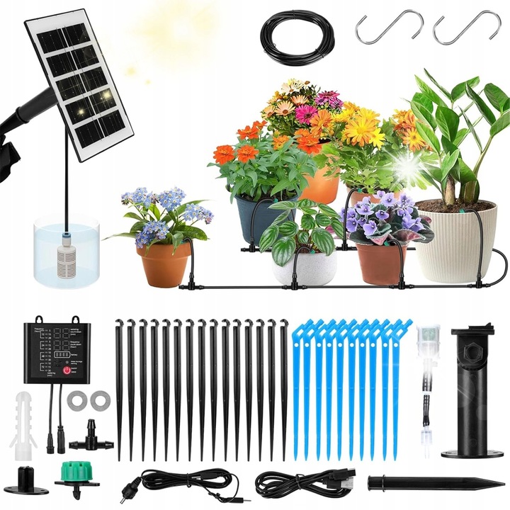 Sistem de irigare prin picurare solar, automat, cu 12 moduri de temporizare, 15m furtun