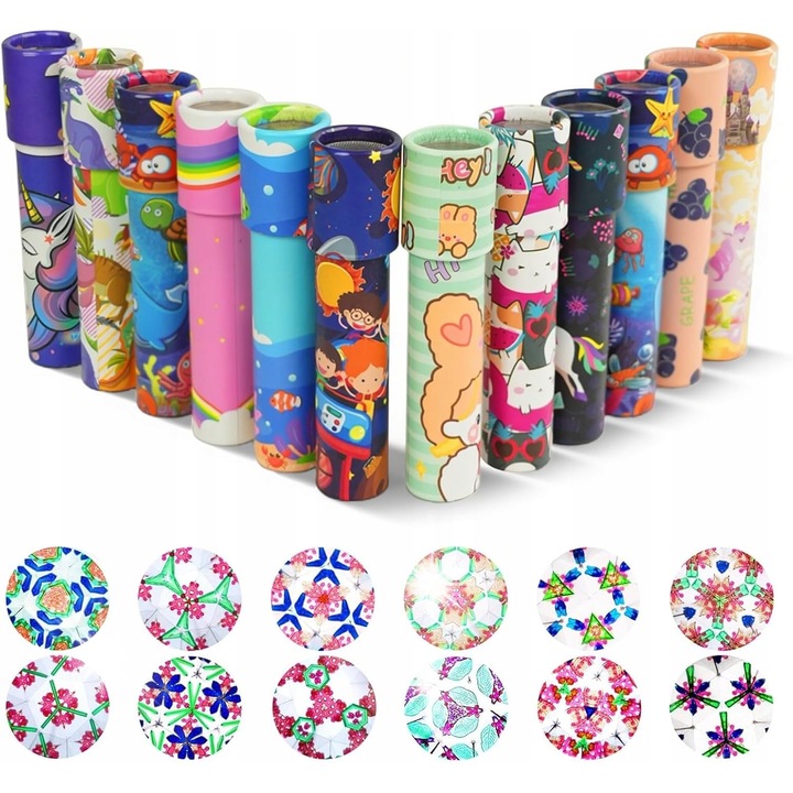 Set de kaleidoscoape colorate pentru copii, 12 bucati, design retro, dimensiuni potrivite pentru mana copilului, multicolor