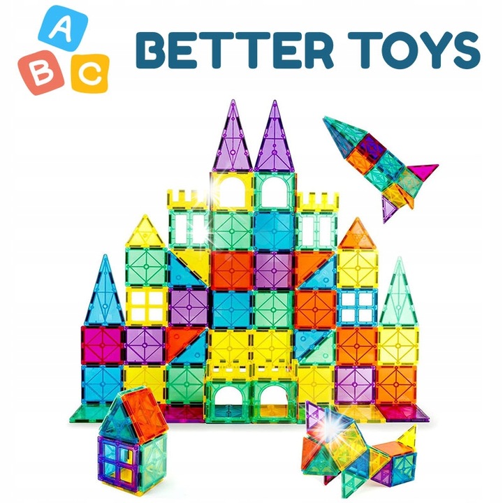 Set de constructie ABC BETTER TOYS, klocki magnetice 100 elemente, plastic sigur, dezvoltare abilitati manuale
