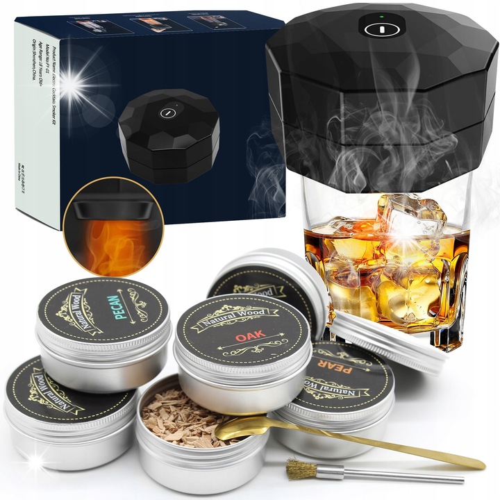 Set Electric pentru Whisky HDeye, 6 Tipuri de Chipsuri de Lemn, Design Fara Flacara, Incarcare USB-C, Dimensiuni 79x62mm