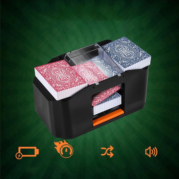 Elektromos kártyakeverő, 2000 mAh, fekete, 22x11x10,7 cm, 2 pakli kártyához