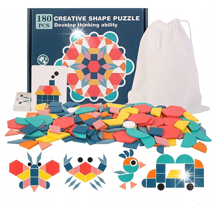 Puzzle Montessori készlet 155 elemes, AiM, különböző formák, élénk színek, 26x19x3cm