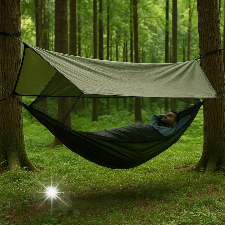 Туристически двоен хамак с мрежа против комари и брезент, 250 кг, 260x140 см, каки, пълен комплект