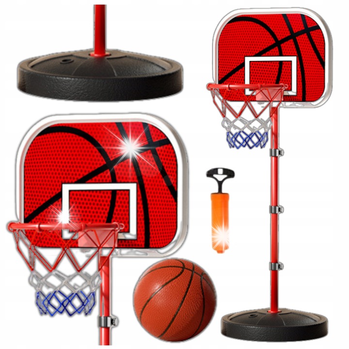 Gyermek kosárlabda szett, 201cm, labdával és pumpával, alap 34x8cm, tábla 47x33cm, többszínű