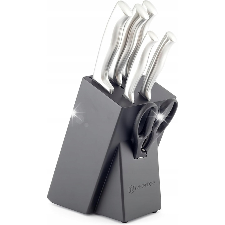 Set de cutite 7 piese cu bloc din lemn, cutit de bucatar, cutit de paine, cutit universal, cutit de curatat, cutit de carne, foarfece, otel inoxidabil, bloc cu ascutitor integrat
