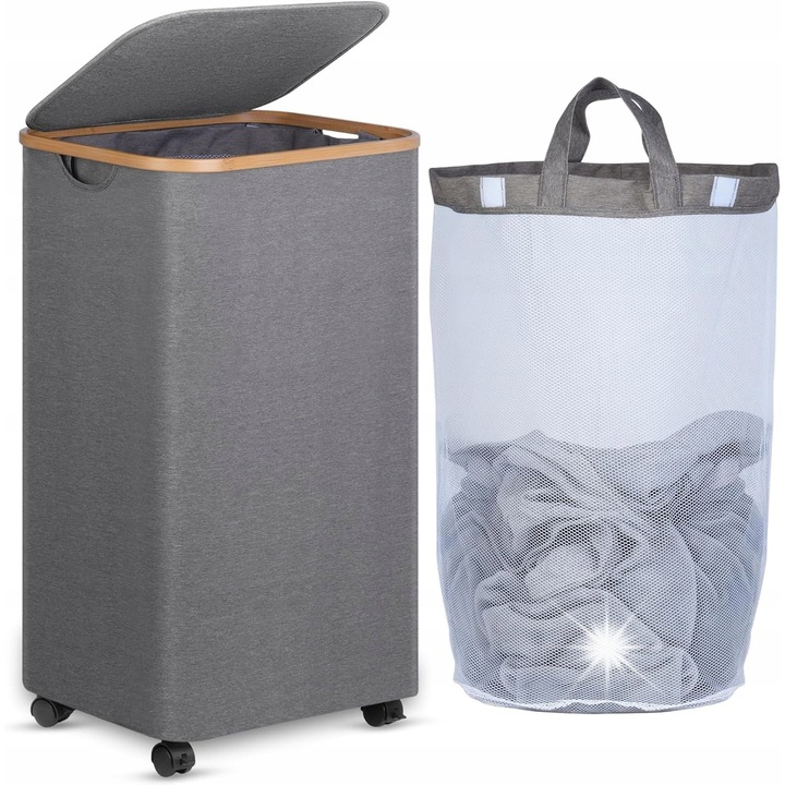 Cos pentru rufe, 100L, mobil pe roti, cu sac interior detasabil, 44x33x75cm, bambus, Oxford 600D
