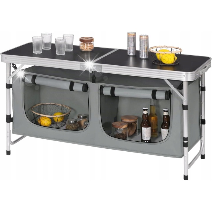Masa camping, model pliabil, dimensiune XL 120x69x47cm, gri + negru, cu geanta de transport