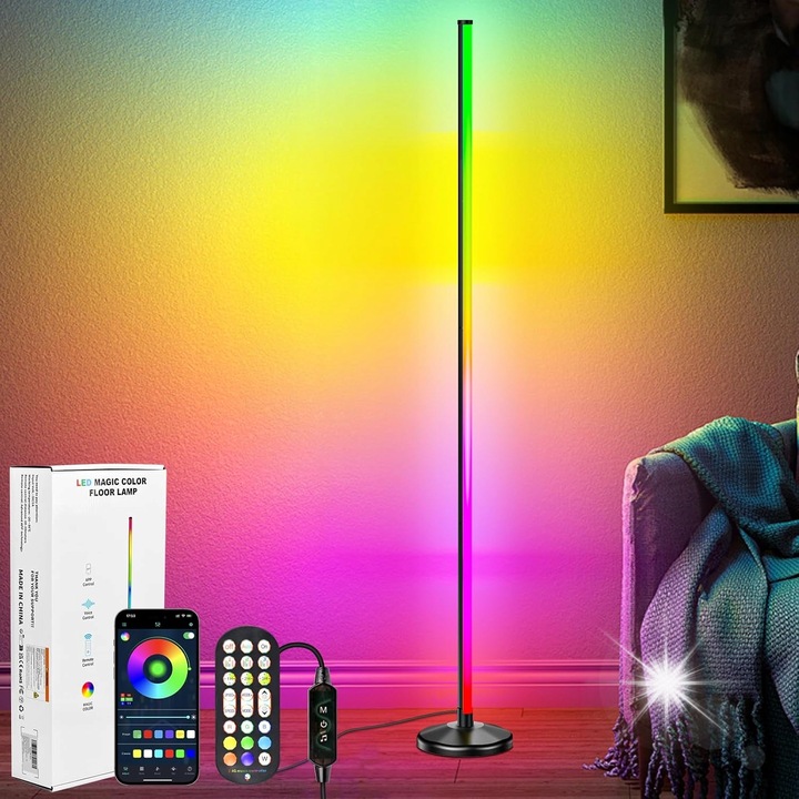 Lampa LED RGB, 145 cm, 16 milioane culori, telecomanda, neagra