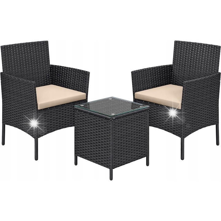 Set mobilier gradina, 2x scaune, masa, rattan PE, negru-taupe, dimensiuni scaun 56,5x54,5x81,5cm, dimensiuni masa 40x40x45,5cm