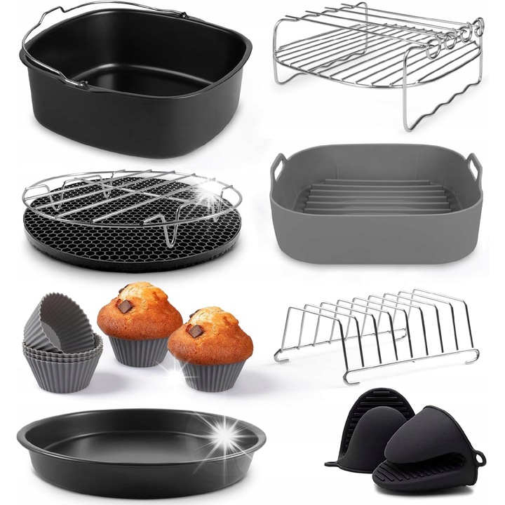Set accesorii pentru friteuza fara ulei, compatibil cu modele diverse, 10 piese