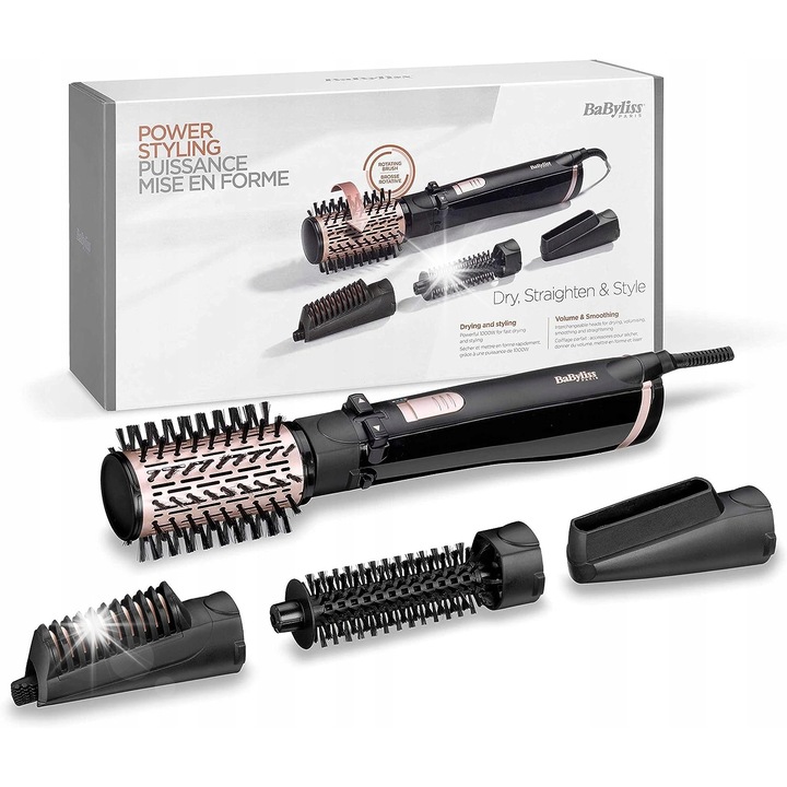 Сешоар с въртяща се четка, BaByliss AS200E, 1000W, керамика, черен