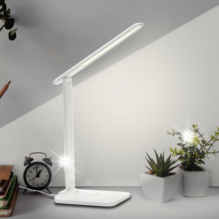 Lampa birou LED, 3 culori, 9 niveluri de intensitate, 28x12x32cm, alb, port USB