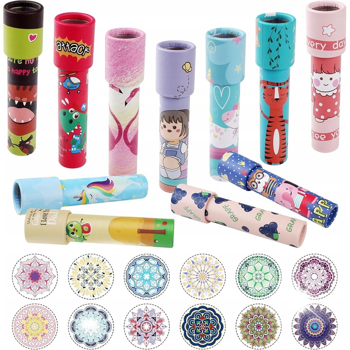 Set 12 kaleidoscoape colorate pentru copii, jucarie educativa, multicolor, dimensiuni adaptate mainilor mici