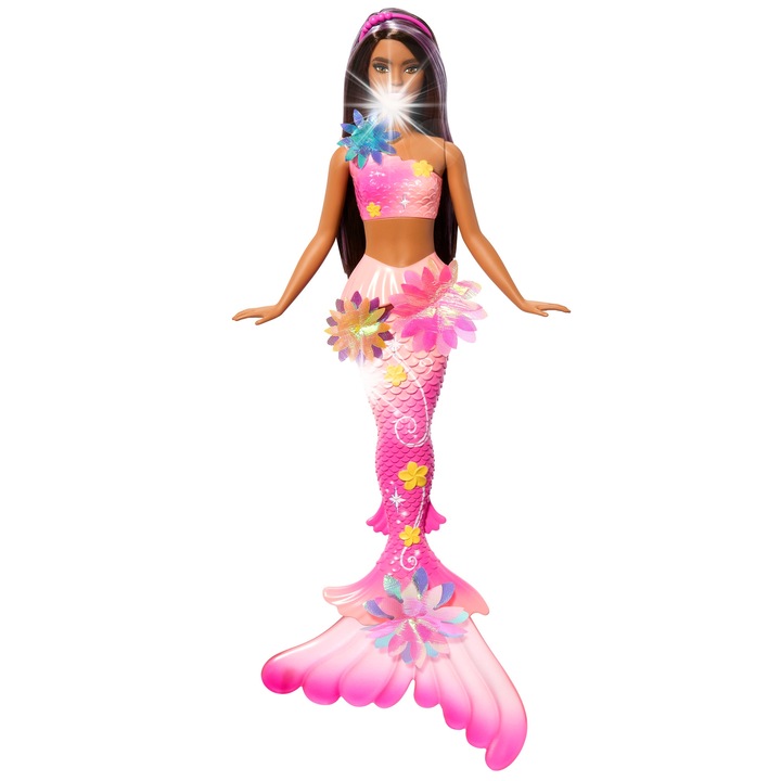 Barbie sellő baba varázslatos virágokkal, ombre farokkal, 30cm