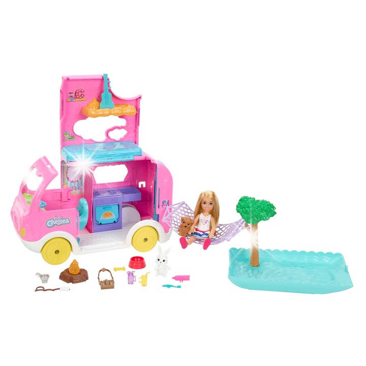Barbie Chelsea Kamper, set cu papusa Chelsea si 14 accesorii, roz, 17x9x9cm, 27x14x19cm desfacut