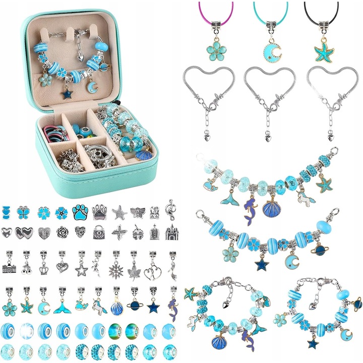 Set de bratari DIY cu 66 de elemente, unicorni, perle, cutie cadou