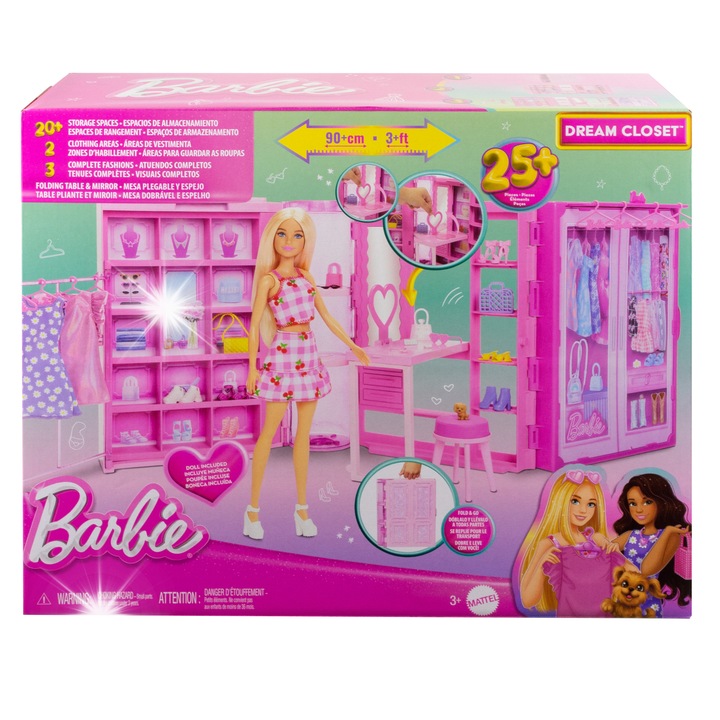 Set Barbie, Sifonierul Visurilor, 1 papusa, 3 tinute, 25 accesorii, roz, 90x30x45cm