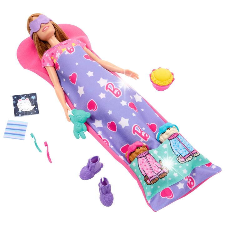 Papusa Barbie, set Pijama Party cu 2 catelusi, schimbare de culoare, 10 accesorii, multicolor