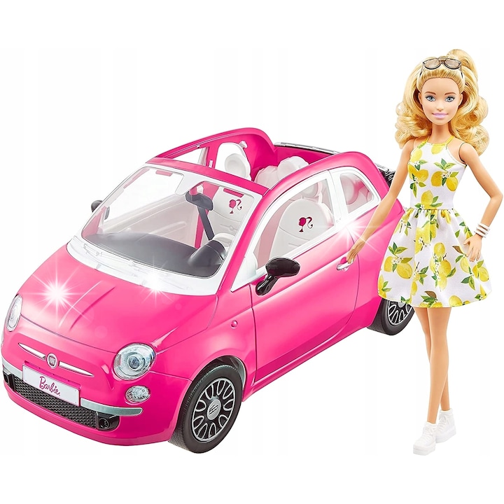 Комплект кукла Барби с кола Fiat 500, розова, 4 места