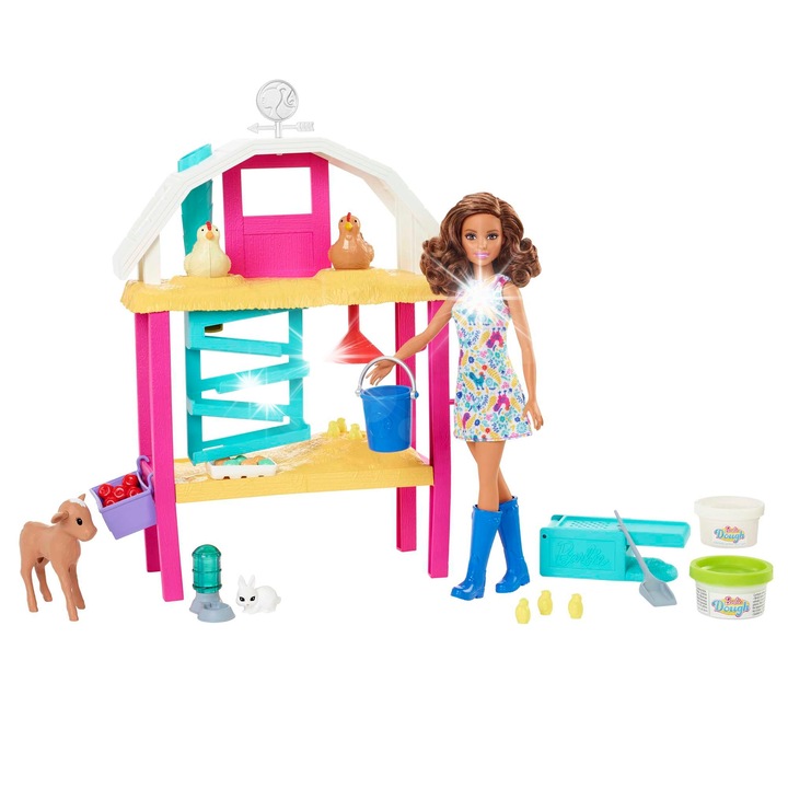 Set papusi Barbie, Ferma radosnicilor curci, 29cm, accesorii tematice
