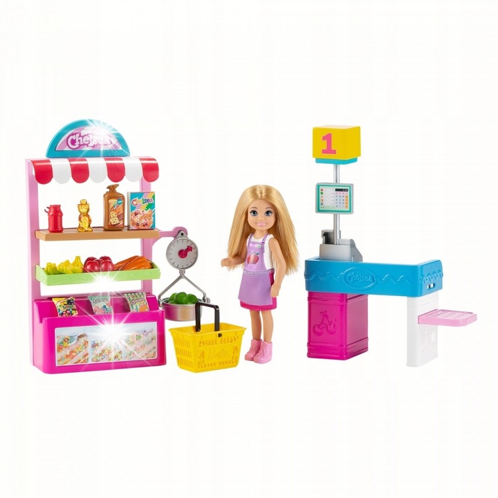 Set Barbie Chelsea Supermarket, 15,24 cm, cu peste 15 accesorii, multicolor