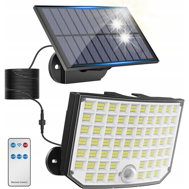 Lampa solara LED cu panou solar si telecomanda, 256 LED-uri, IP65, neagra, 2-3m