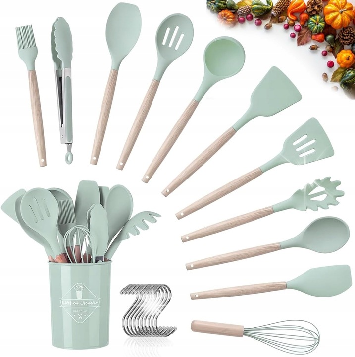 Комплект кухненски прибори, 12 части, силикон, дърво, устойчиви на температури до 270C, различни размери, форми